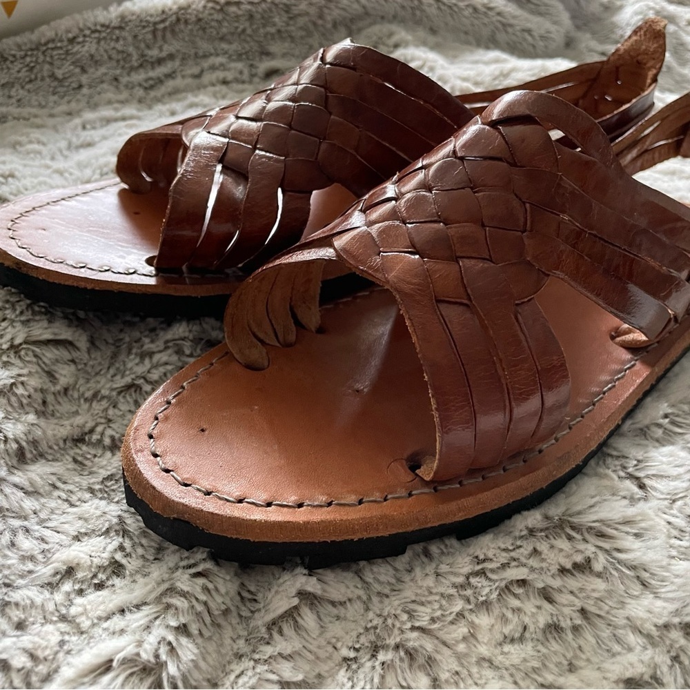 Men's Brown Woven Leather Slide Sandals - Picture 5 of 10